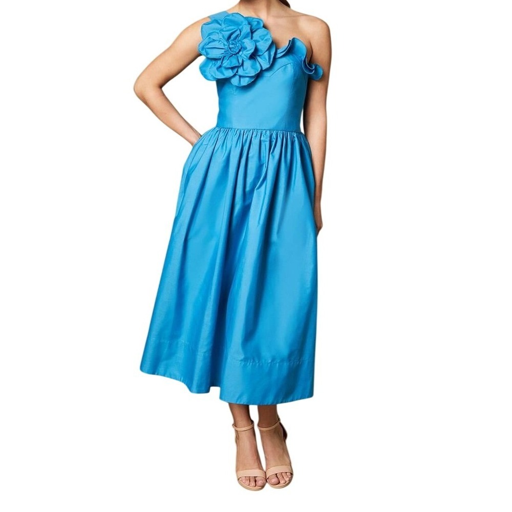 Coast One Shoulder Corsage Midi Dress Blue Wedding Guest‎ Bow Back US 8 NWT